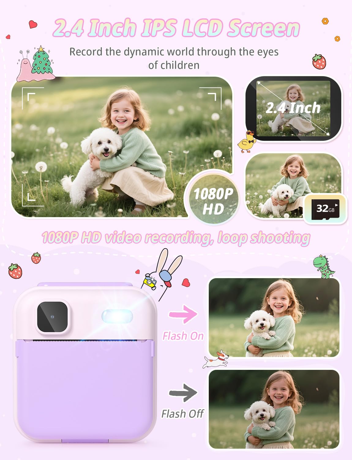 YOHOOLYO Kids Camera Instant Print purple with photo paper, ready to print and share.
