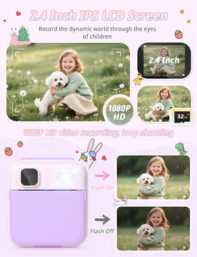 YOHOOLYO Kids Camera Instant Print purple with photo paper, ready to print and share.