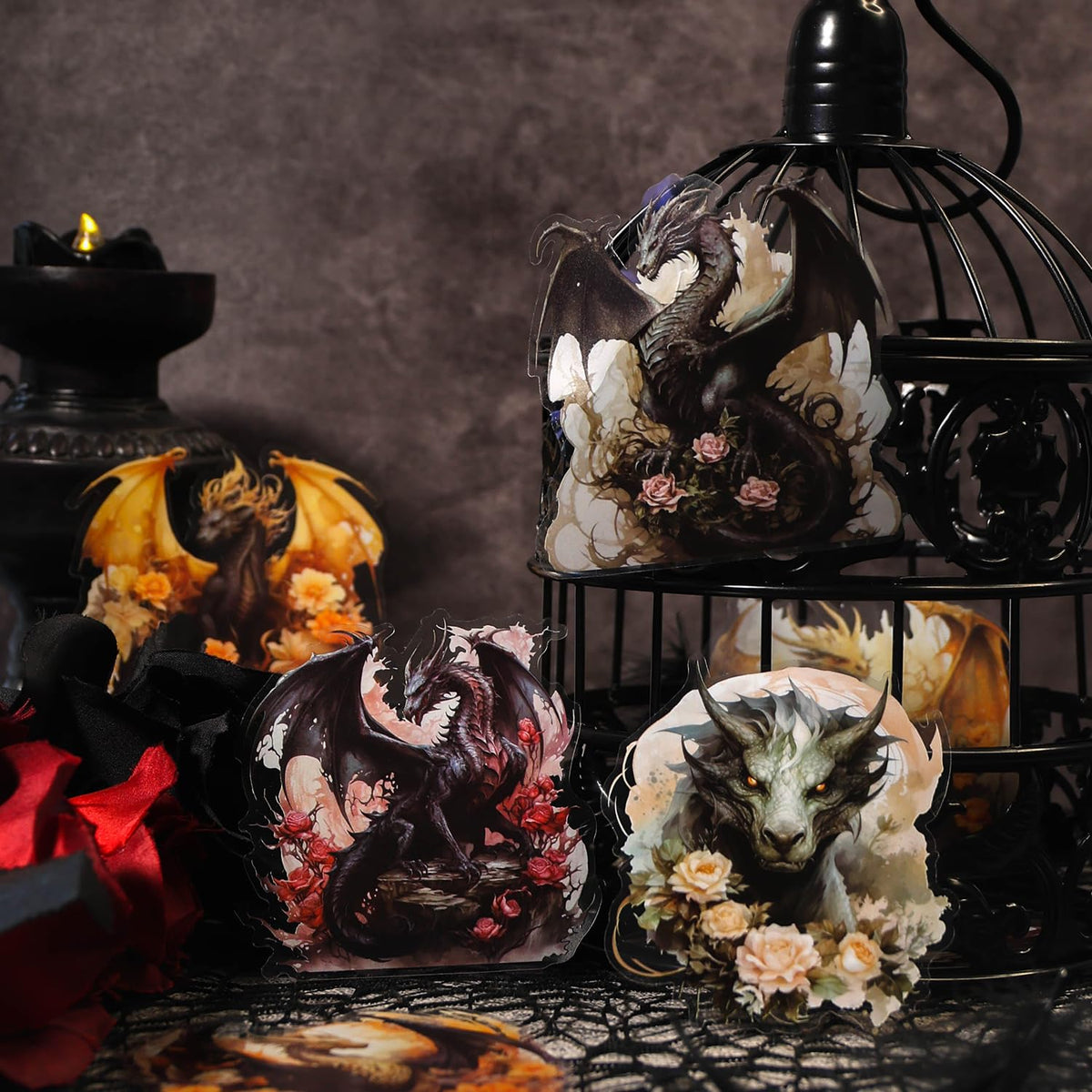YOKSAS clear PET dragon and rose sticker is waterproof for on-the-go projects.