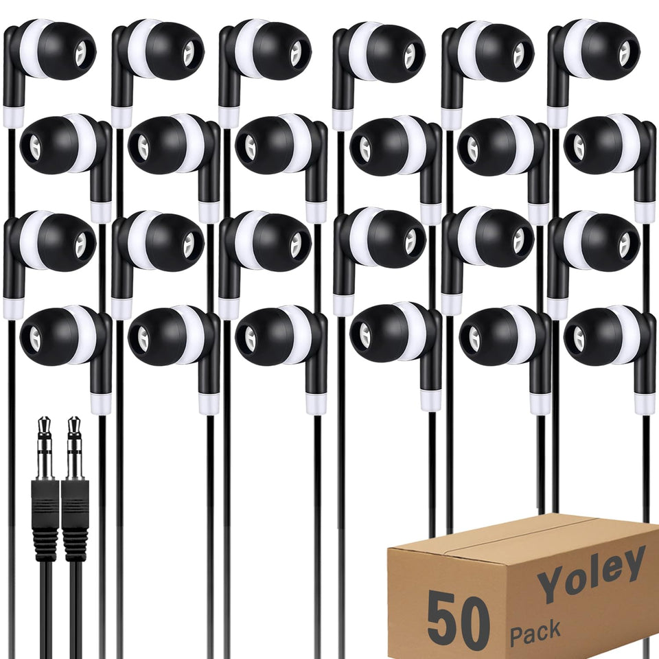 Yoley bulk earbuds, individually packaged for classroom distribution and inventory.