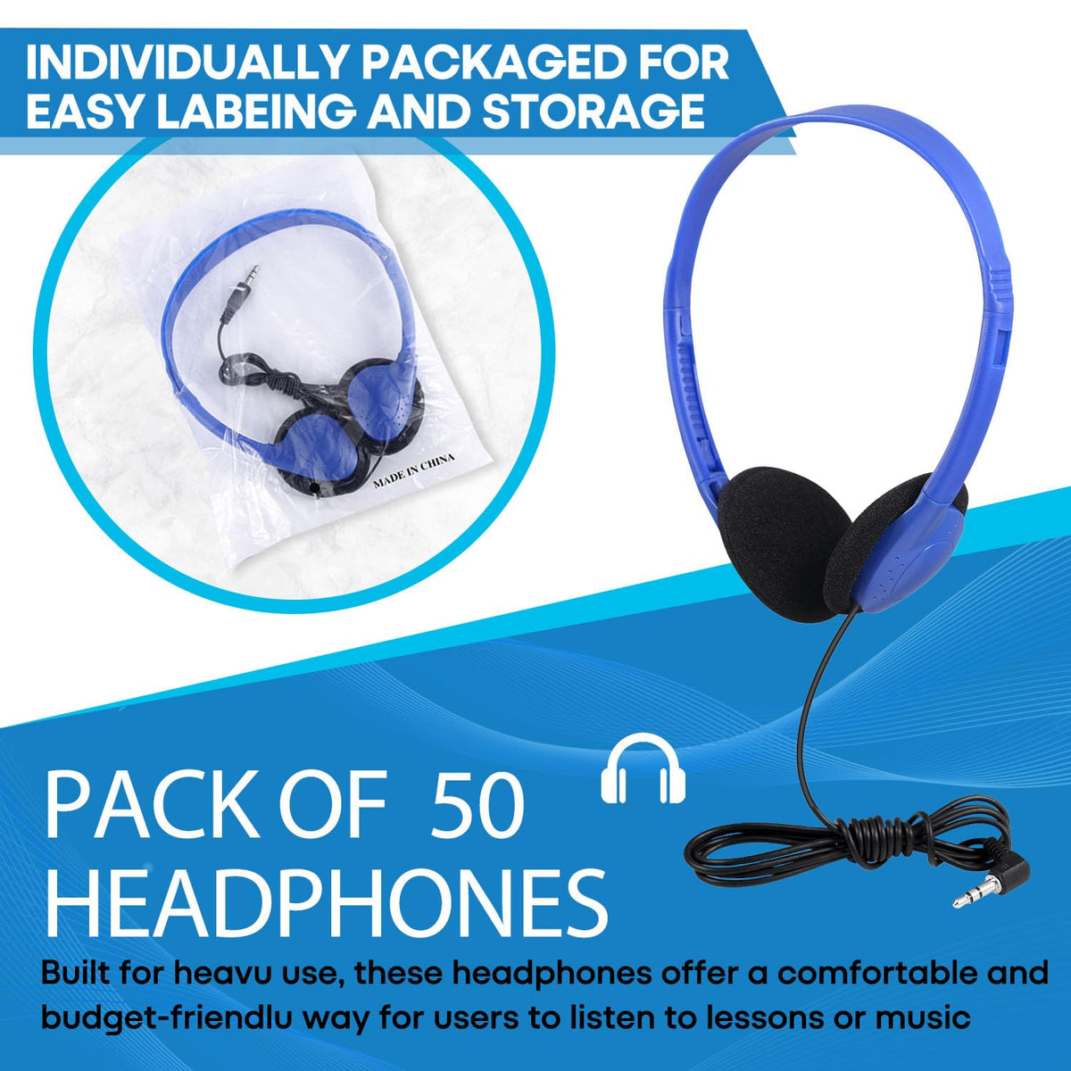 Yoley bulk headphones for schools with durable 3.5mm plug.
