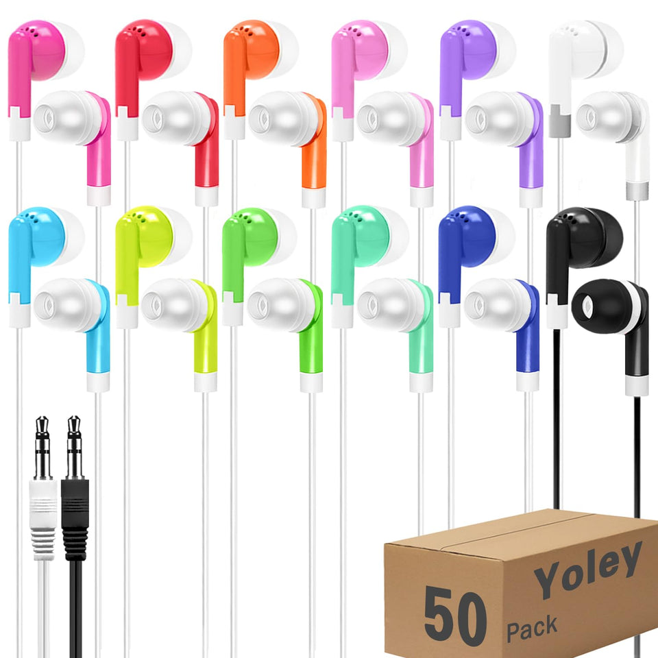Yoley classroom earbuds in mixed colors, 50-pack, ideal for group school use.