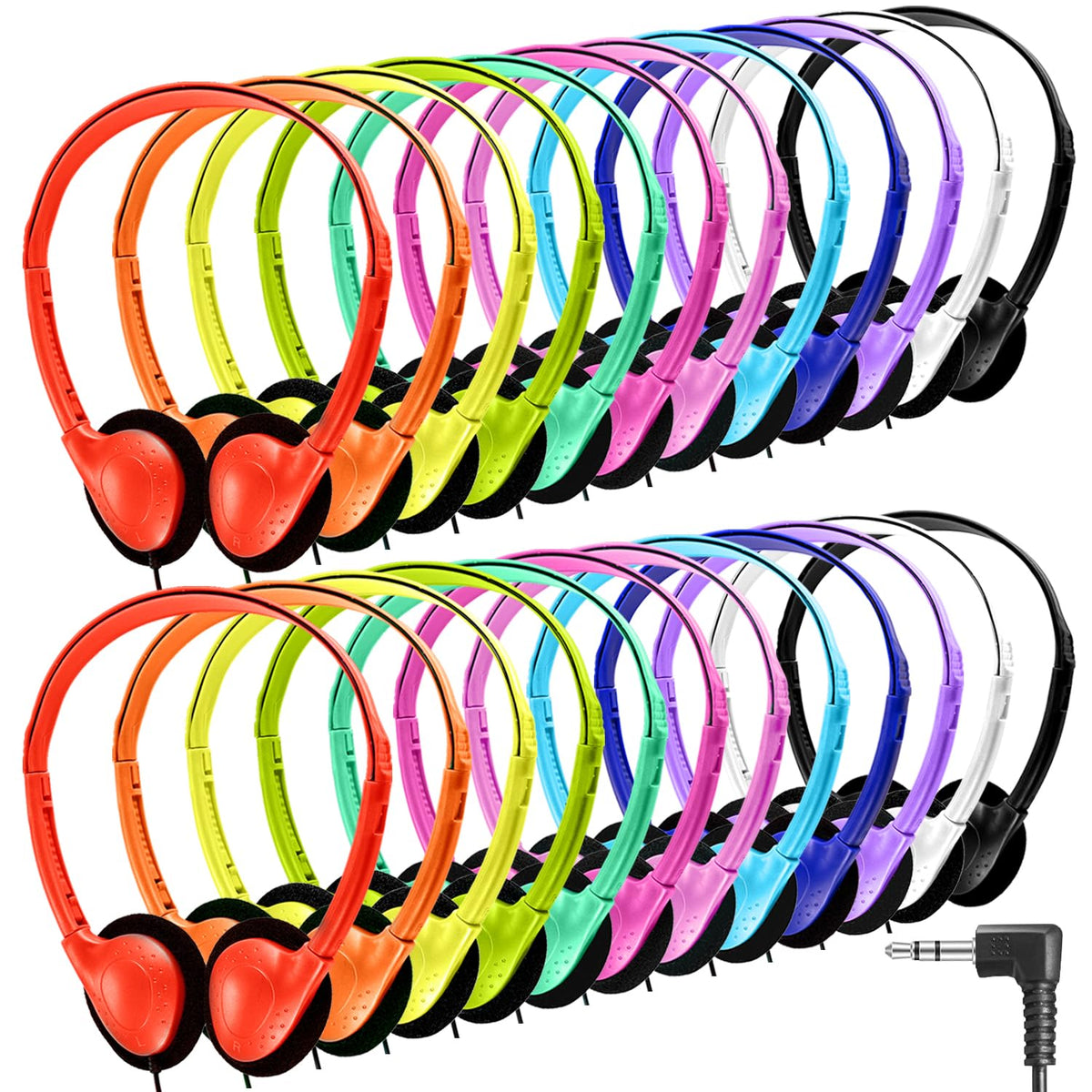 Yoley classroom headphones in vibrant bulk colors for easy classroom organization and sharing.