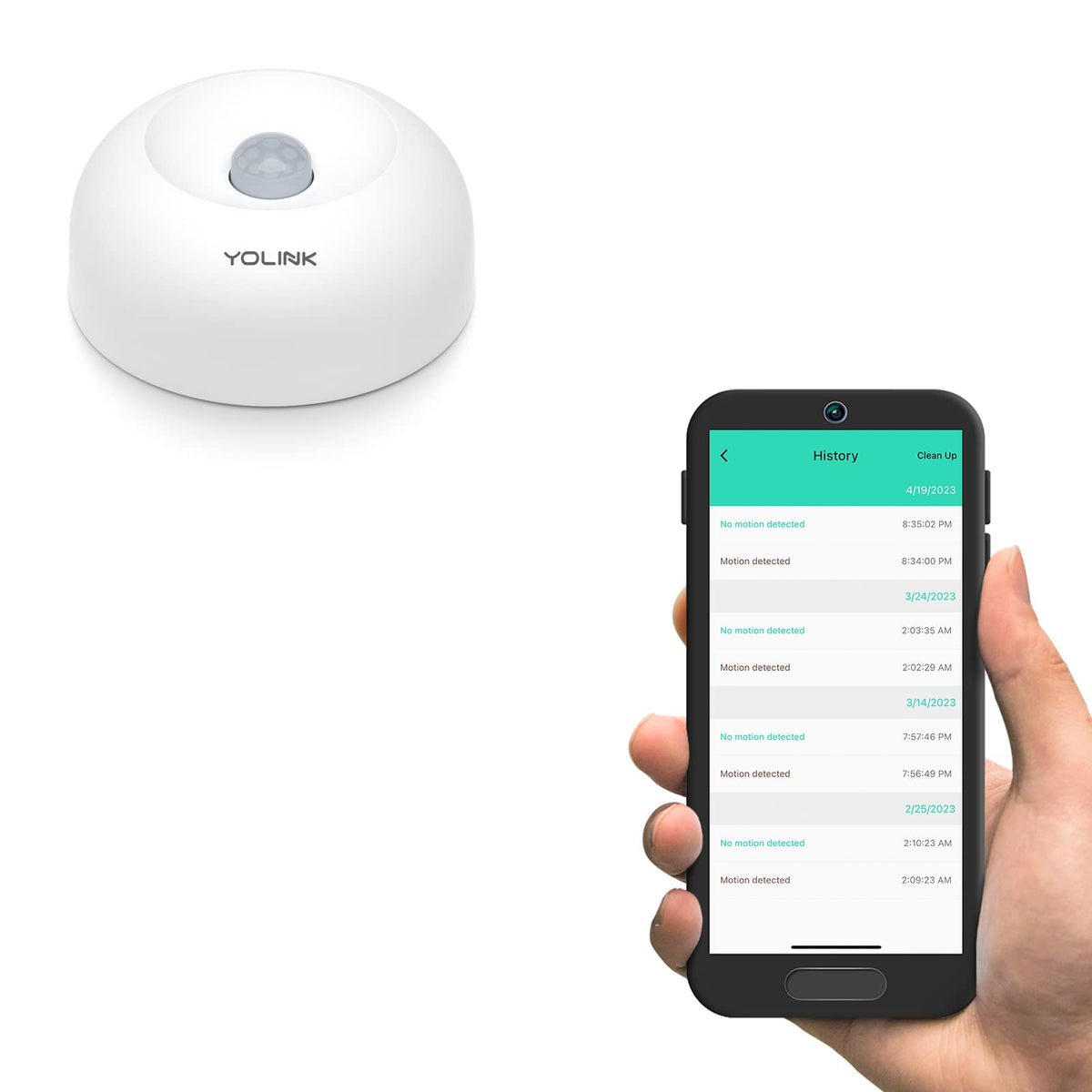 YoLink motion detector wall-mount shows long-range sensing on hallway wall