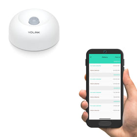 YoLink motion detector wall-mount shows long-range sensing on hallway wall