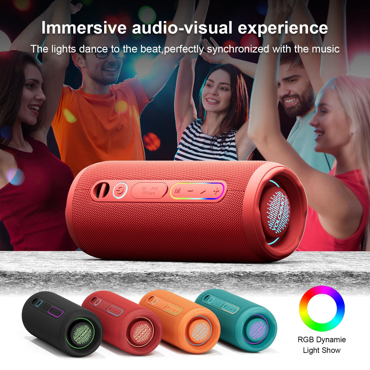 EQ modes with deep bass and vocal clarity on YOLOEMOT speaker.