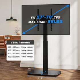 YOMT universal tv floor stand cable management keeps cords tidy.