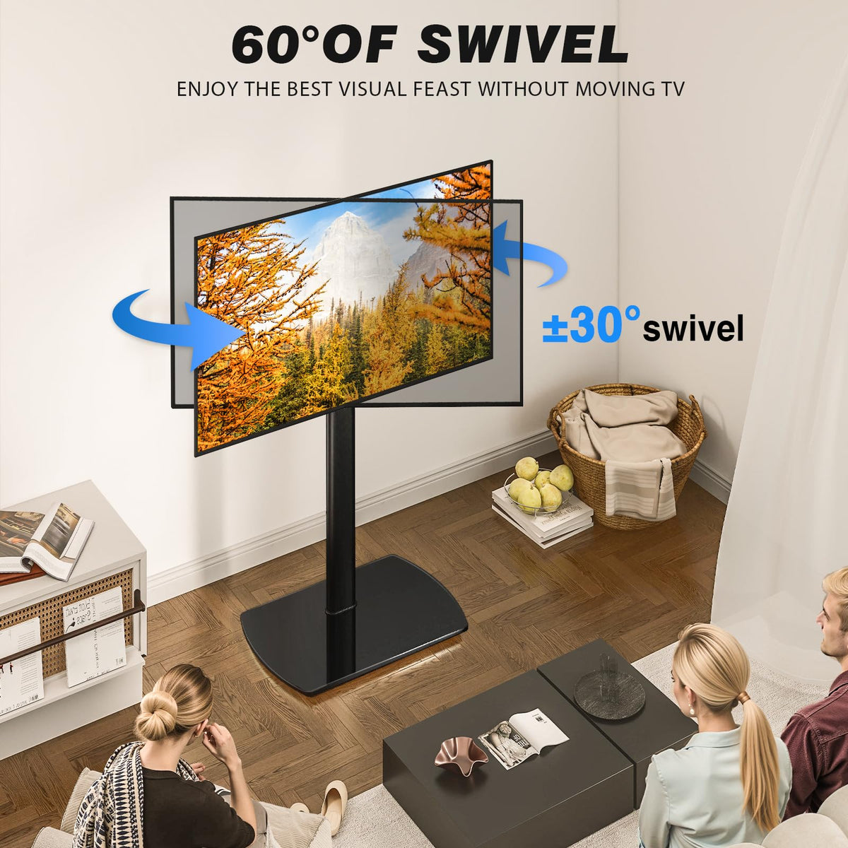 YOMT universal tv floor stand glass base adds premium, sturdy look.