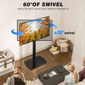 YOMT universal tv floor stand glass base adds premium, sturdy look.