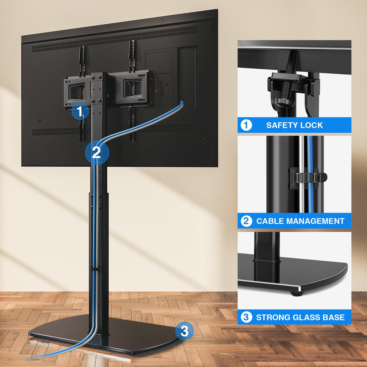 YOMT universal tv floor stand slim design saves space in tight rooms.