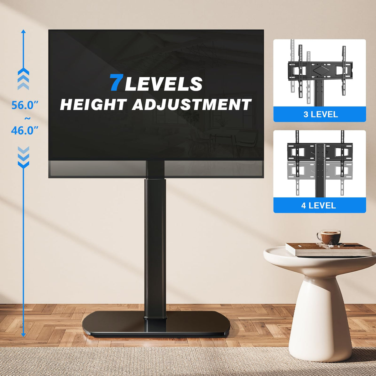 YOMT universal tv floor stand sturdy steel frame keeps TVs steady.