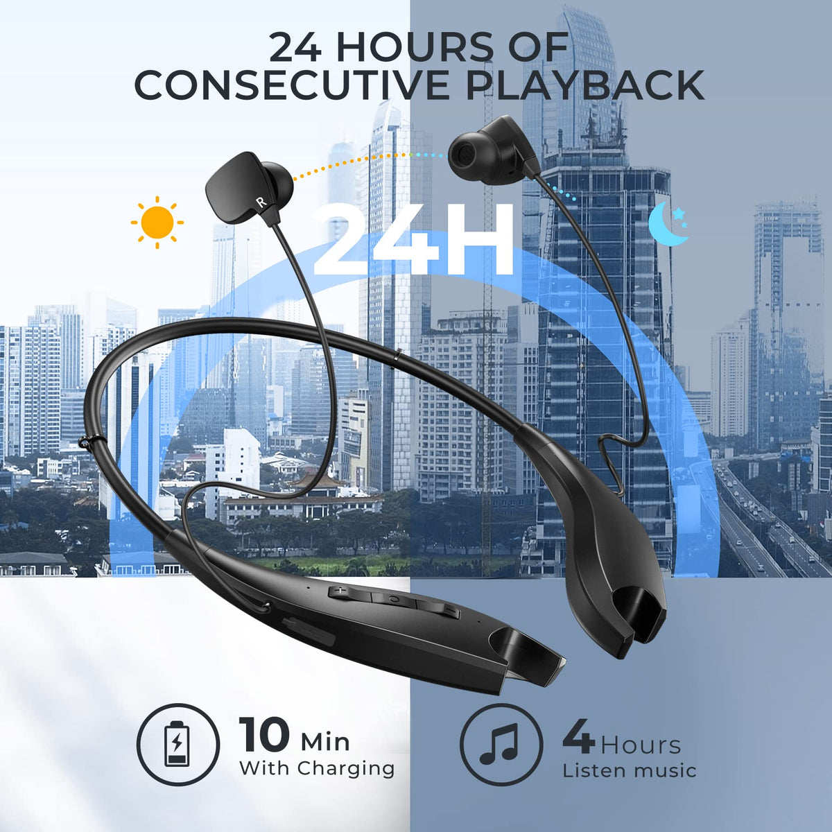 YOSDOM magnetic earbuds snapped together on neckband to prevent loss