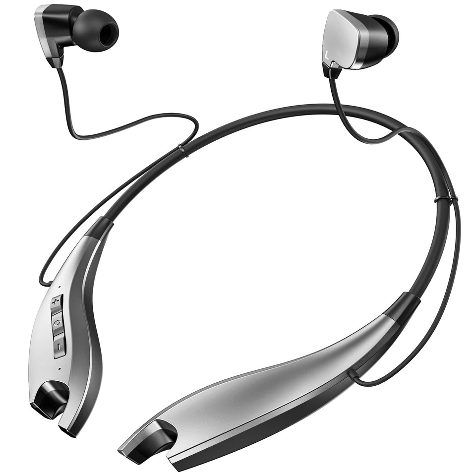 YOSDOM neckband front view showing sleek silver band and earbuds for stylish comfort