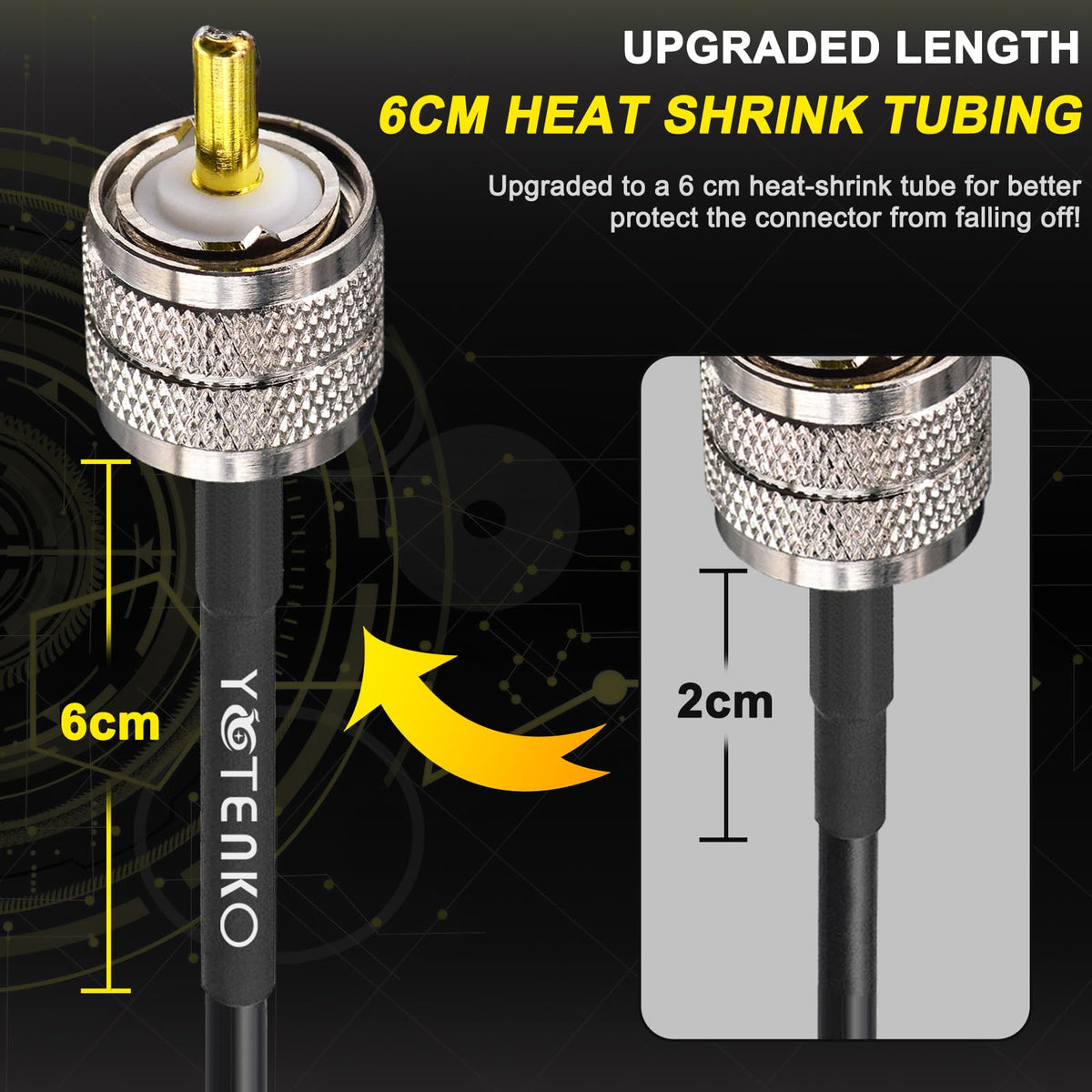 Extended heat shrink at ends enhances durability during bending.