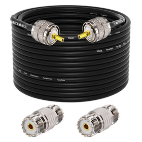 YOTENKO front view of 60ft PL-259 RG58 cable kit showing packaging and parts for reliable antenna extension