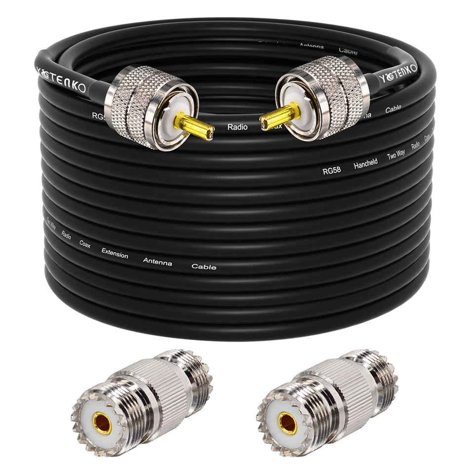 YOTENKO front view of 60ft PL-259 RG58 cable kit showing packaging and parts for reliable antenna extension