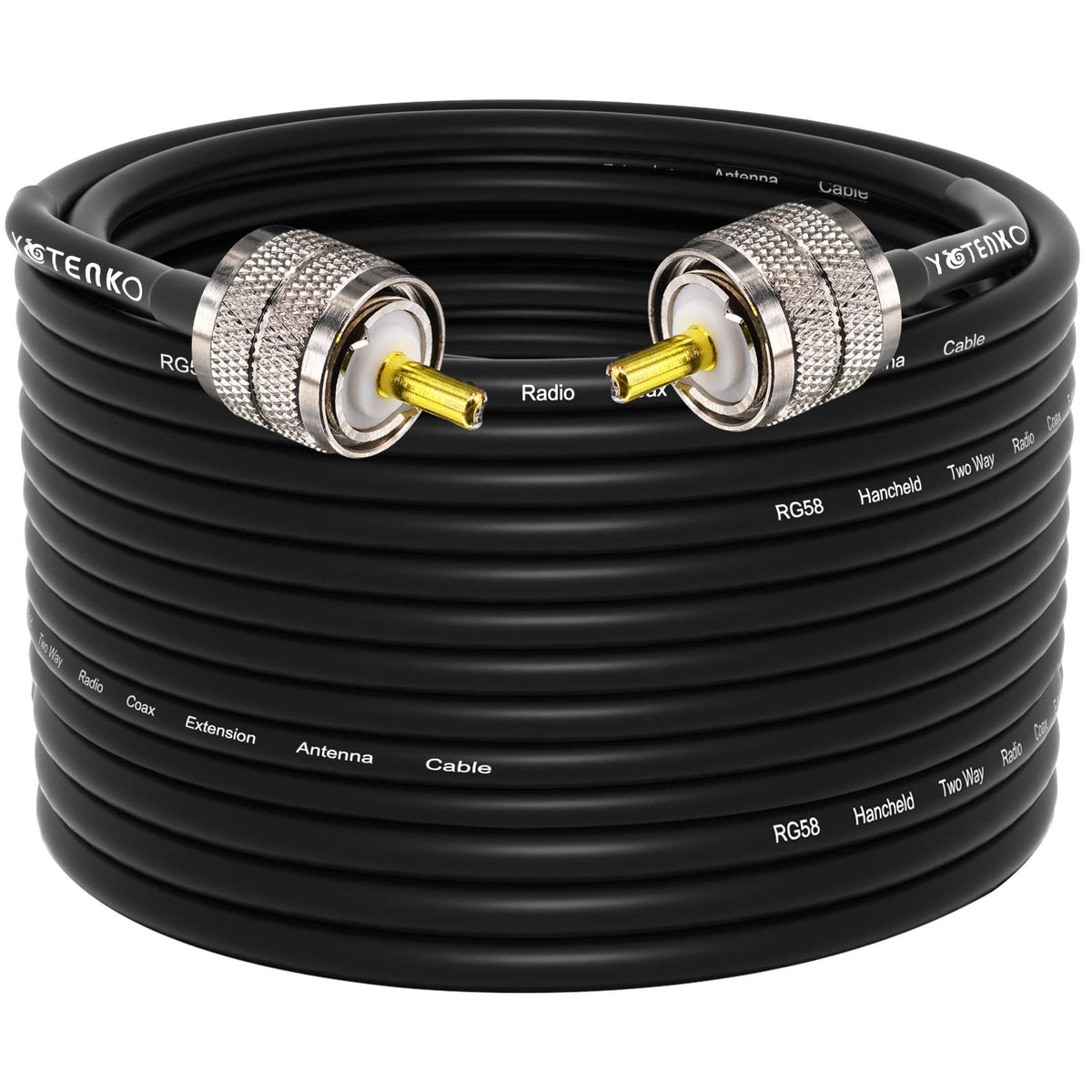 YOTENKO front view of 75ft RG58 cable showing PL259 ends for reliable connections