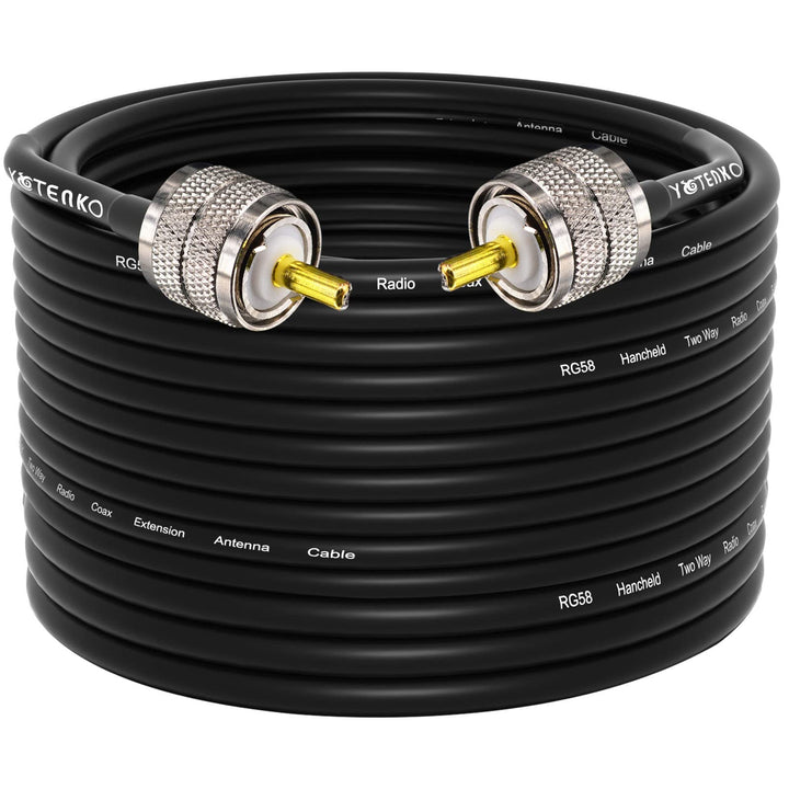 YOTENKO front view of 75ft RG58 cable showing PL259 ends for reliable connections