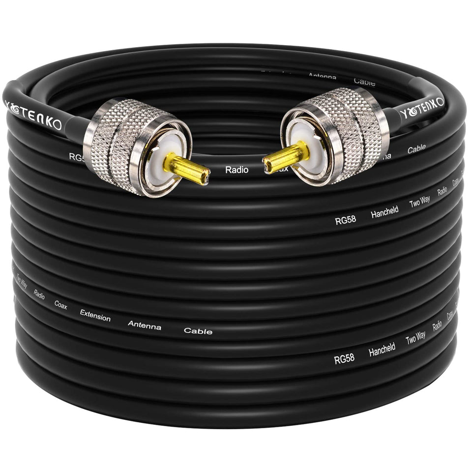 YOTENKO front view of 75ft RG58 cable showing PL259 ends for reliable connections