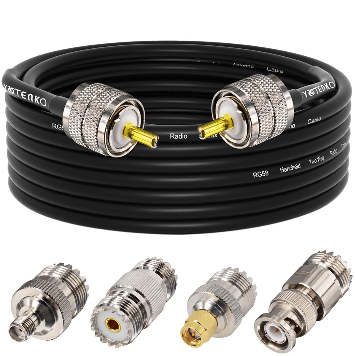 YOTENKO ham radio coax 20ft RG58 shows sturdy jacket and connectors for reliable setup