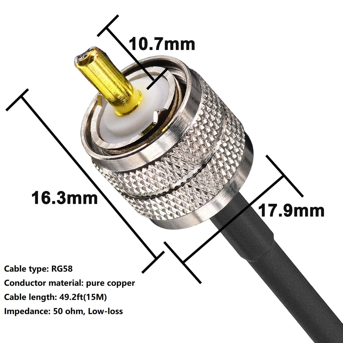 YOTENKO cable measured alongside ruler to show 49.2ft length and connector scale