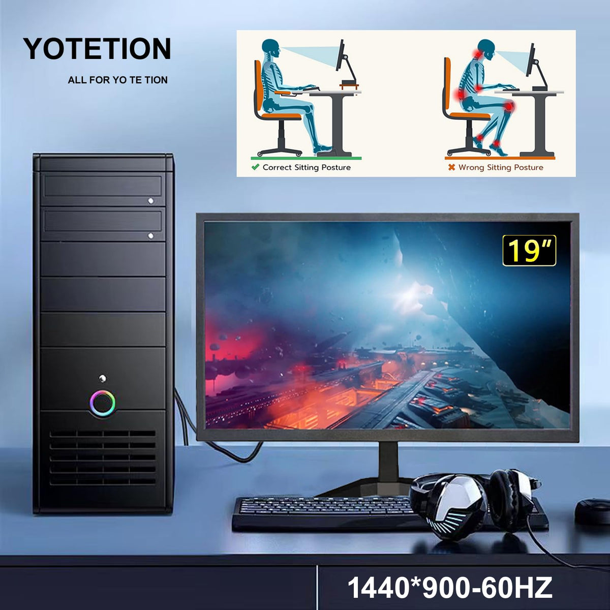 YOTETION 19-inch monitor side profile showing slim design for space-saving desks.
