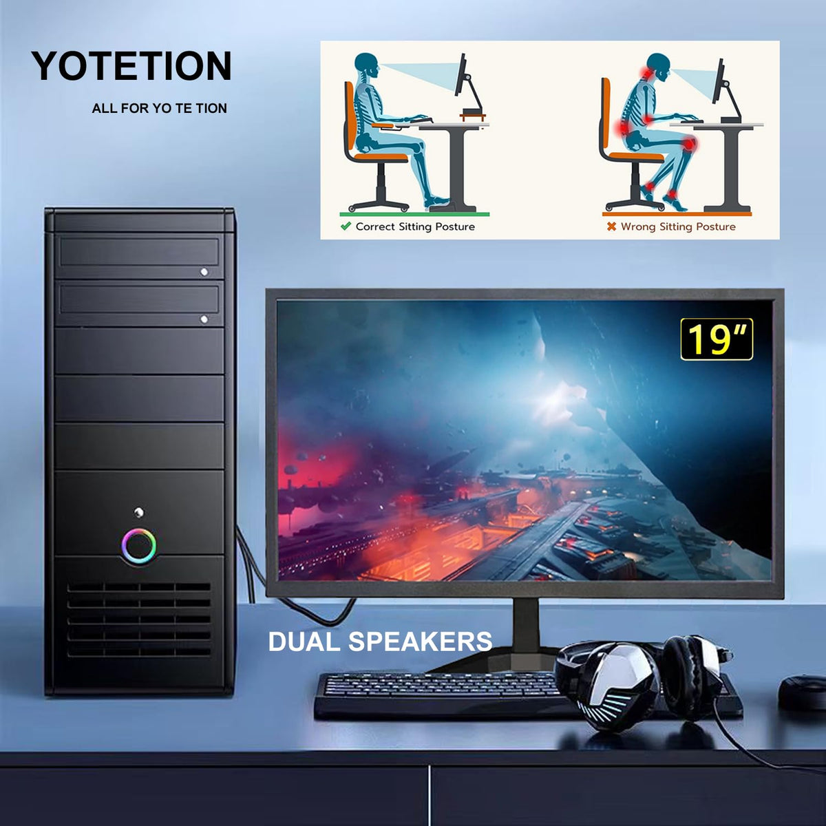 YOTETION 19-inch monitor side profile highlighting slim, space-saving design