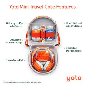 Yoto interior view with compartments protecting Mini, cards and headphones