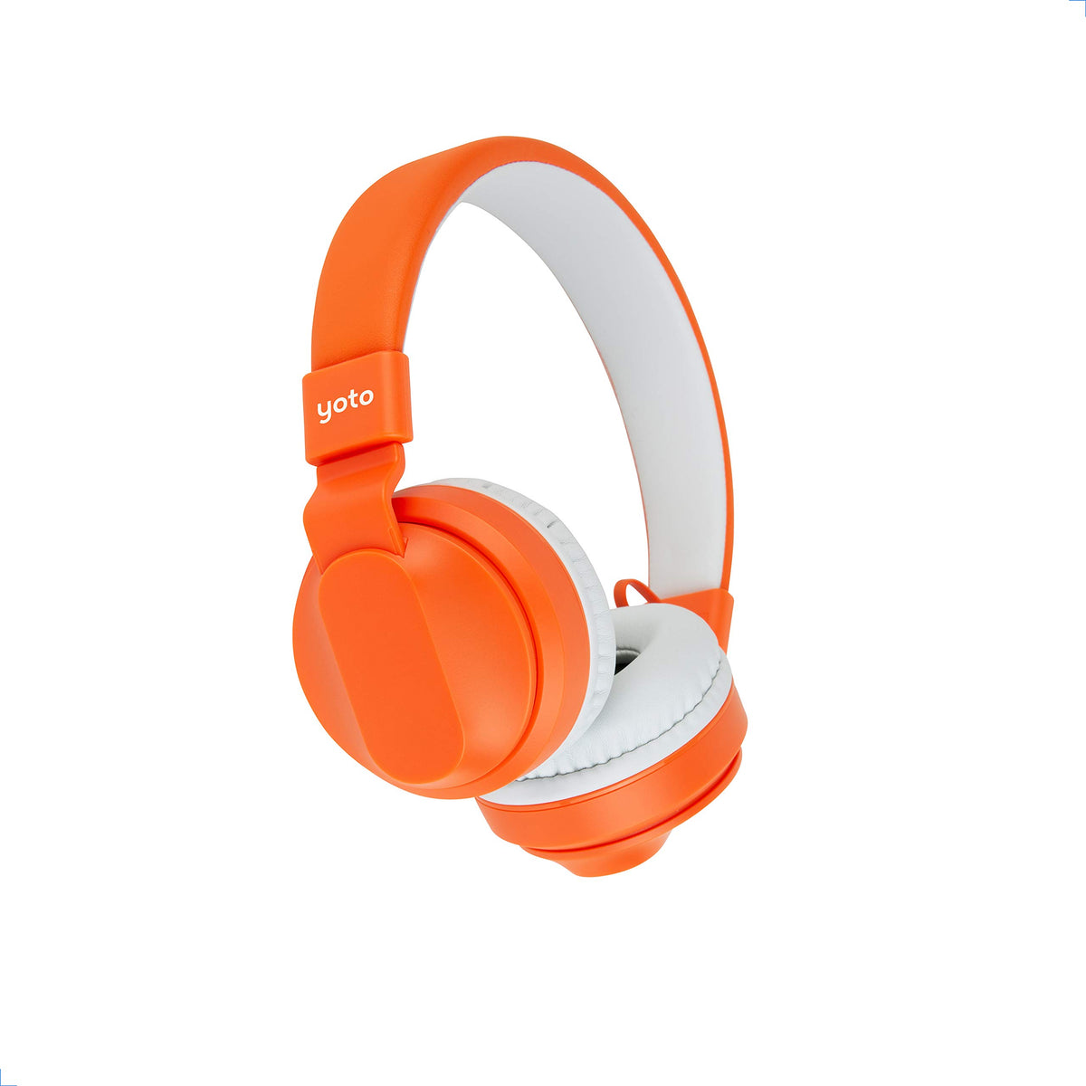 Yoto wired headphones folded with travel bag for easy travel listening.