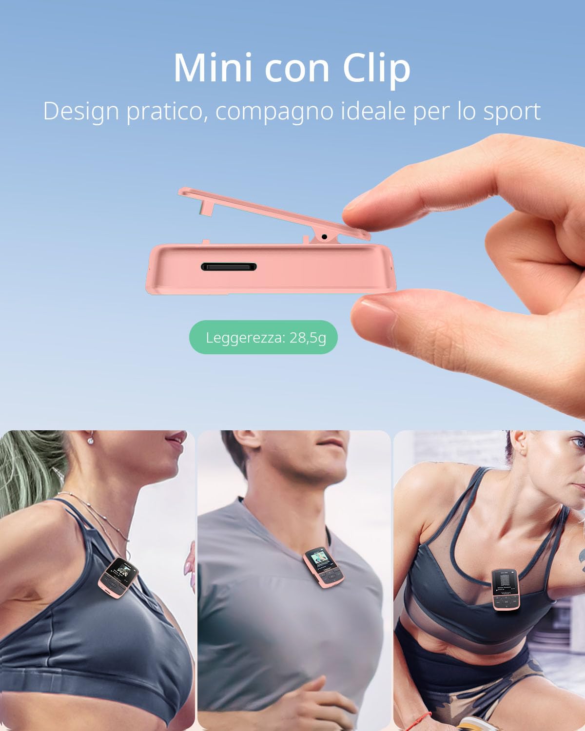 Yoton MP3 Player clip-on design stays secure during runs.
