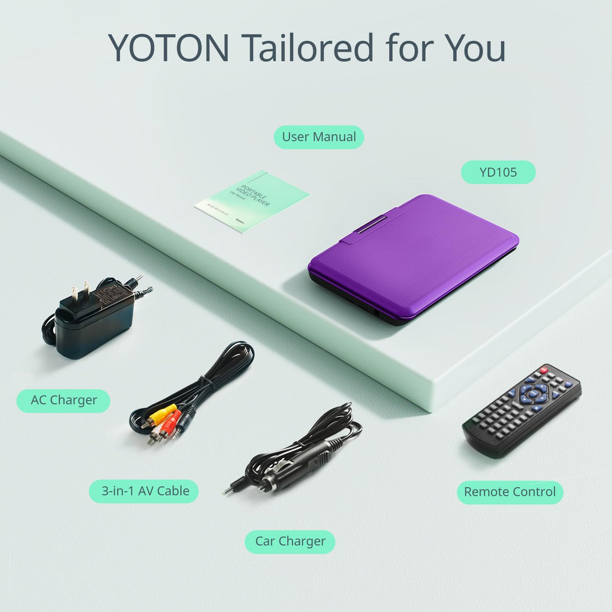 YOTON box with accessories arranged to show included cables and ready-to-use setup