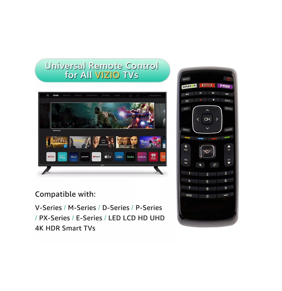 Young Vizio universal remote displaying compatibility with many models.