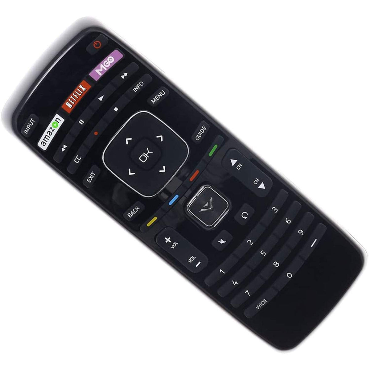 Young Vizio remote featuring Amazon and Netflix shortcut buttons.