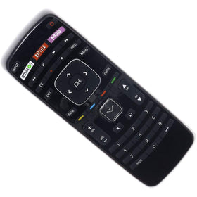 Young Vizio remote featuring Amazon and Netflix shortcut buttons.