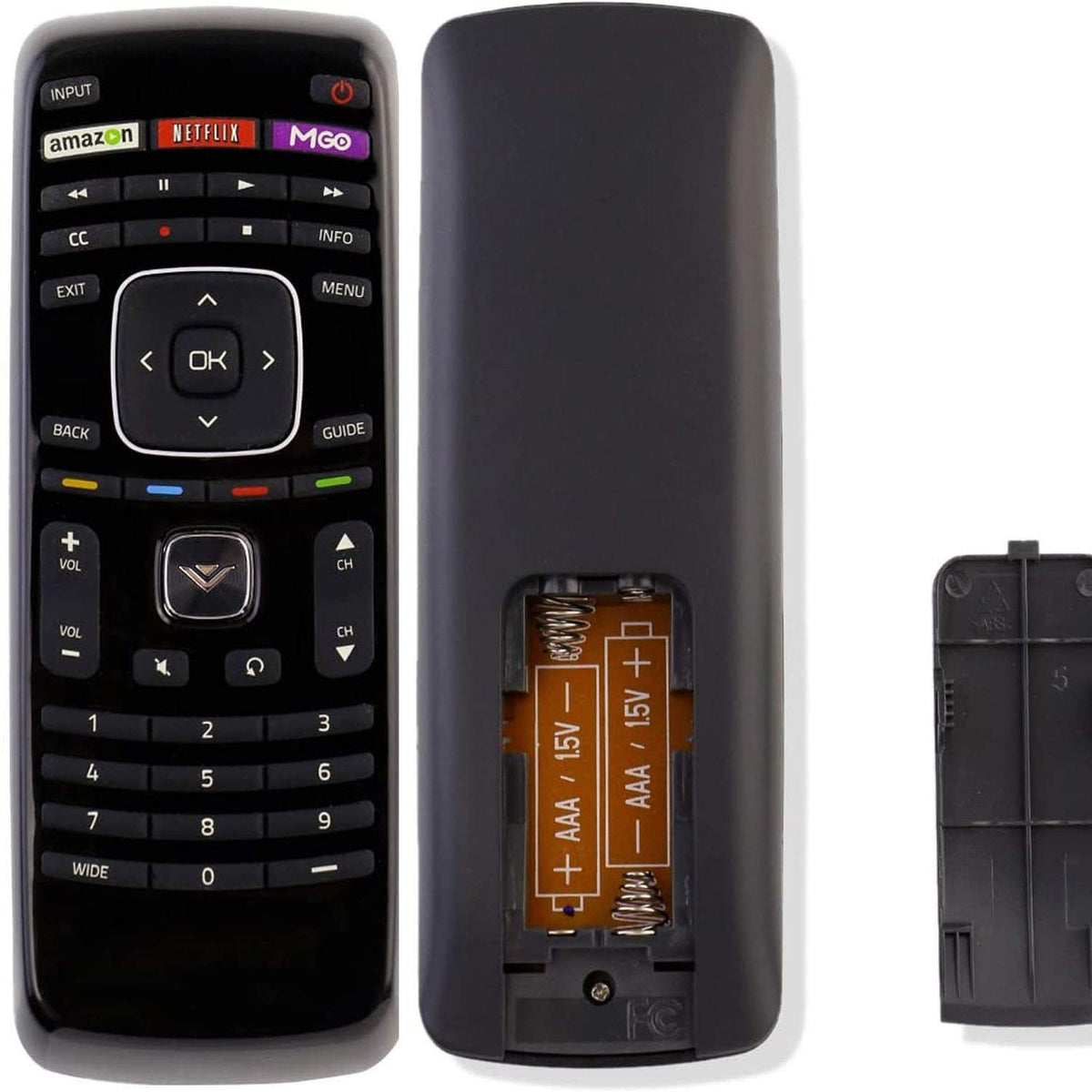 Young Vizio remote with 1-year warranty information label.