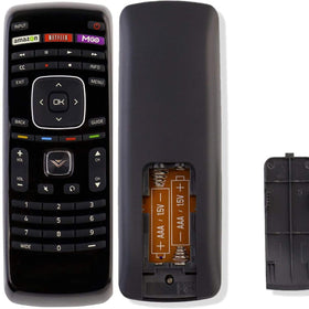 Young Vizio remote with 1-year warranty information label.