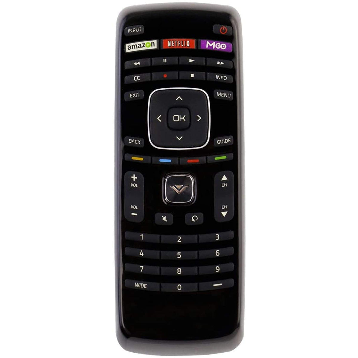 Young Vizio universal remote close-up of buttons for easy navigation.