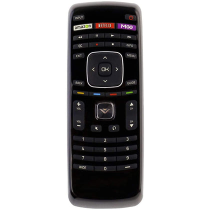 Young Vizio universal remote close-up of buttons for easy navigation.
