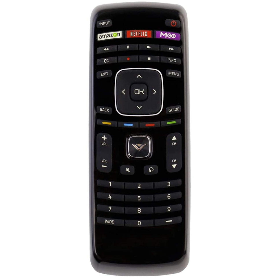 Young Vizio universal remote close-up of buttons for easy navigation.
