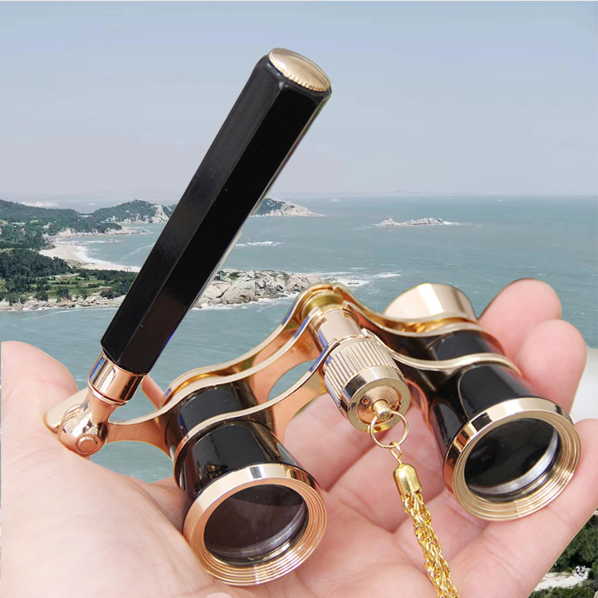 Yourelexit front view of opera glasses showing compact vintage design and clear optics