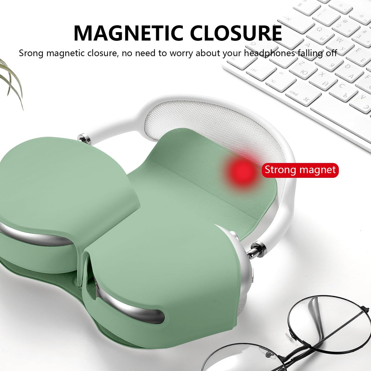 Youtec AirPods Max Case grass green side magnet shows secure fit.