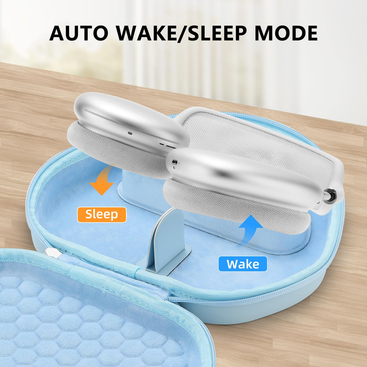 Youtec AirPods Max Case Light Blue highlighting sleep mode for energy efficiency