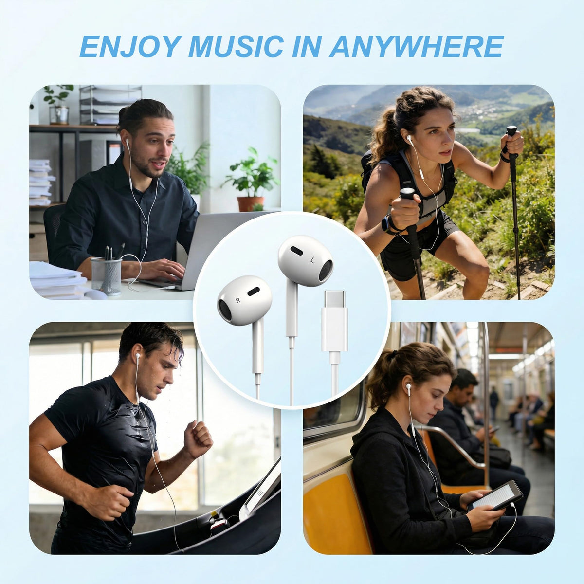 YouthCity USB-C headphones ergonomic in-ear fit ideal for jogging and commuting.