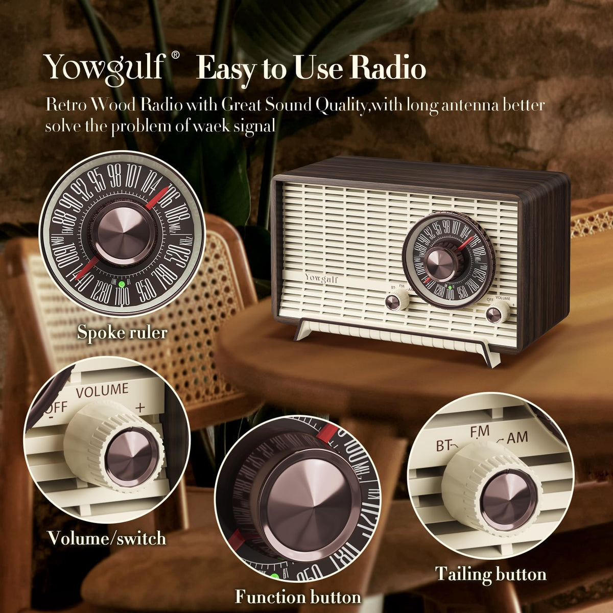 YOWGULF telescopic copper antenna extended to improve FM reception and signal stability