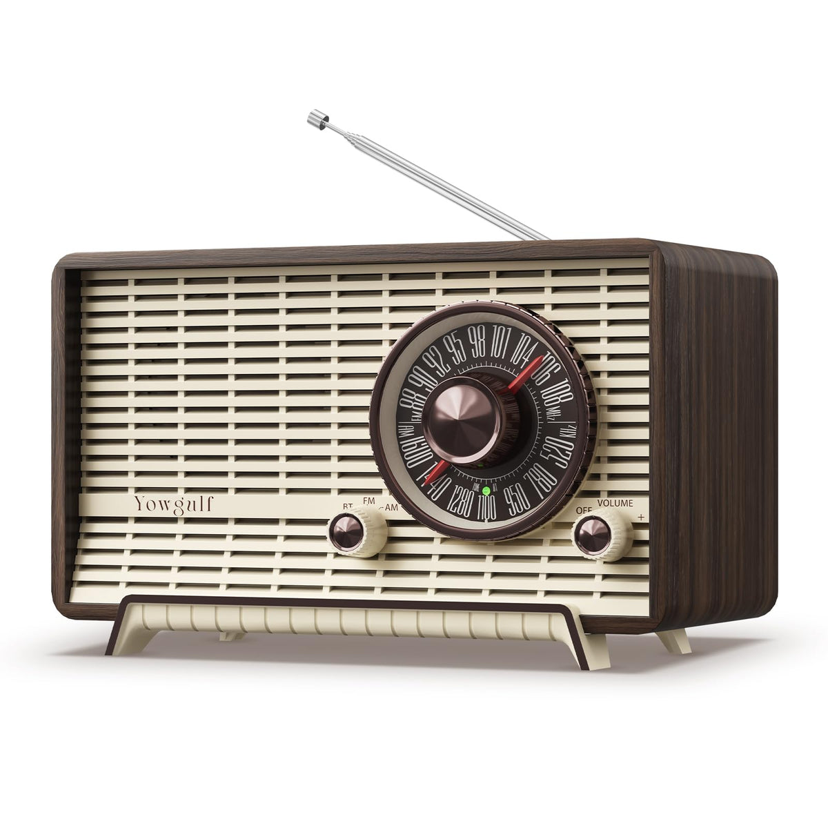 YOWGULF front view wooden radio showing classic design and clear controls for improved usability