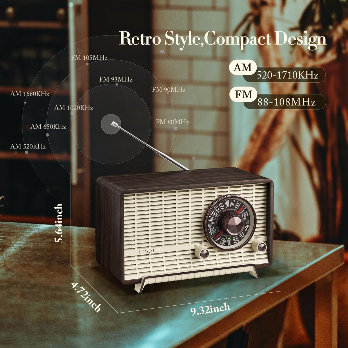 YOWGULF radio on a desk streaming Bluetooth music offering charming decor and reliable audio