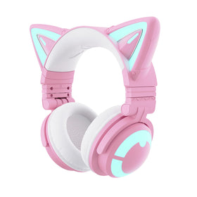 YOWU Cat Ear Headphones front view in pink for immersive gaming and music