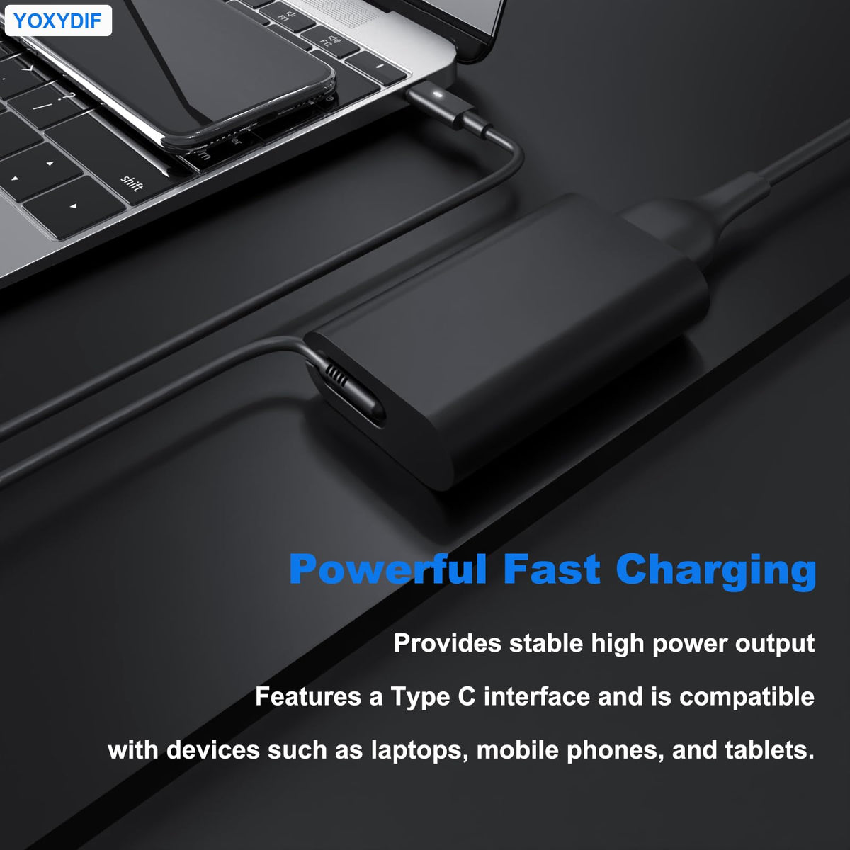 YOXYDIF 45W USB-C charger close-up portable design ideal for travel.