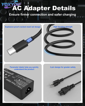 YOXYDIF 65W USB-C charger back ports highlighting USB-C compatibility and ports