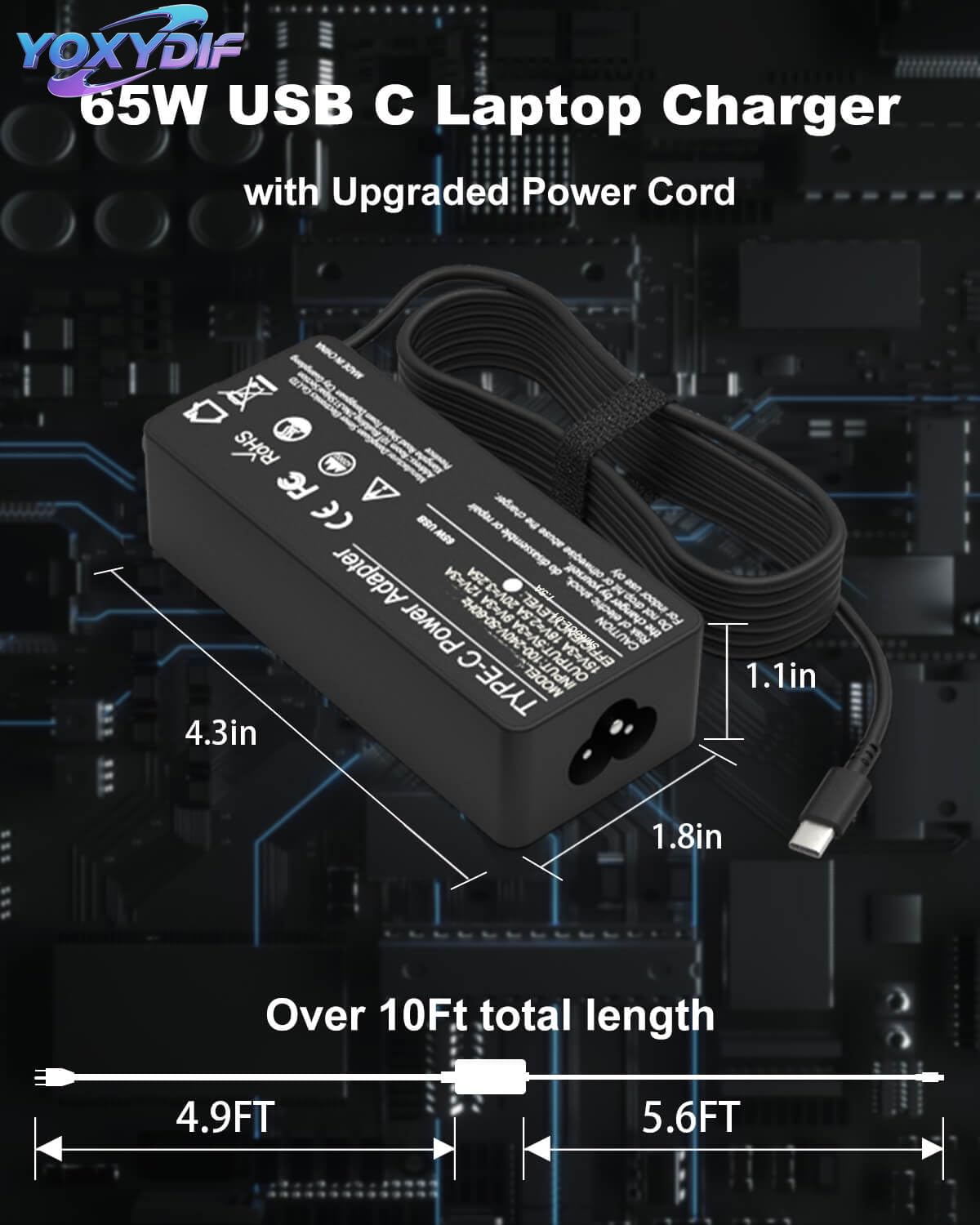 YOXYDIF 65W USB-C charger on a workspace ready to power a ThinkPad